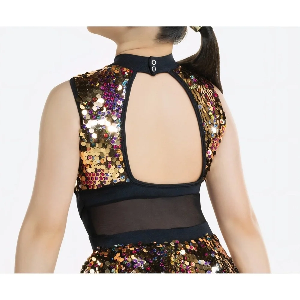 Gold Sequin Black Mesh DRESS Flare Skirt DANCE JAZZ Costume RC24605 XLC 26-30
